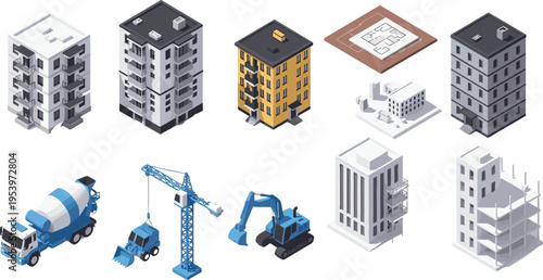 Isometric collection of modern residential apartment buildings featuring construction machinery like cranes, excavators, cement mixers, and architectural floor plan blueprints.