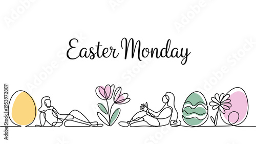 Easter monday illustration with line art of people flowers and eggs