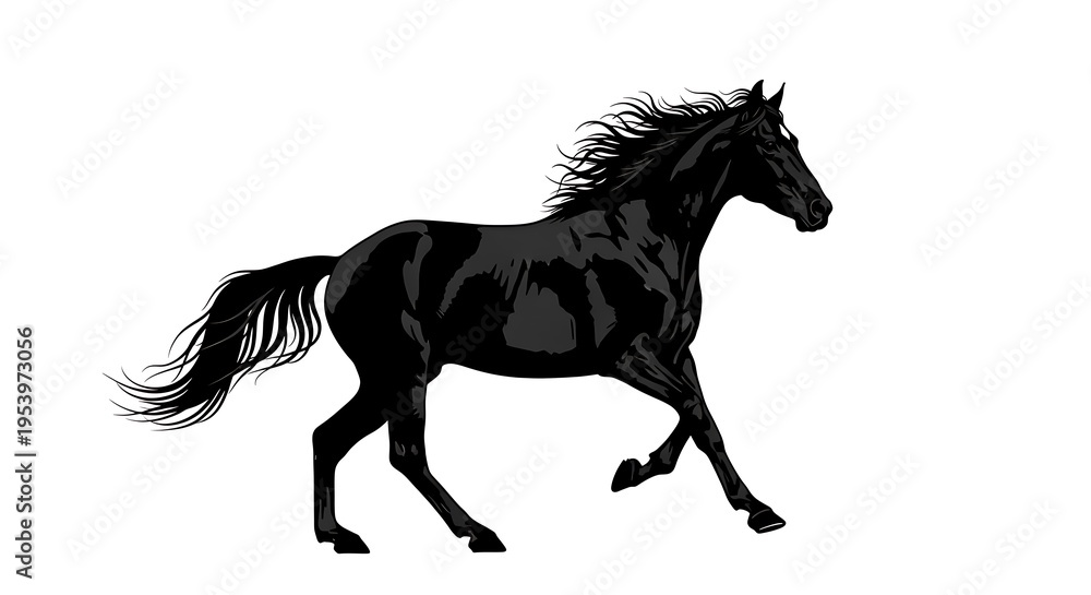Obraz premium A majestic black horse with a flowing mane and tail runs swiftly in a powerful stance