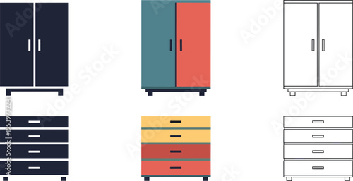 Modern furniture collection with wardrobes and chest of drawers in flat and outline styles, minimalist home interior vector illustration set