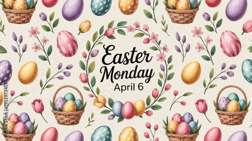 Colorful easter eggs baskets and floral decorations on a patterned background
