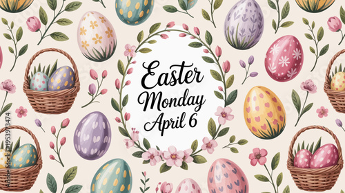 A festive easter pattern with decorated eggs baskets and floral wreaths