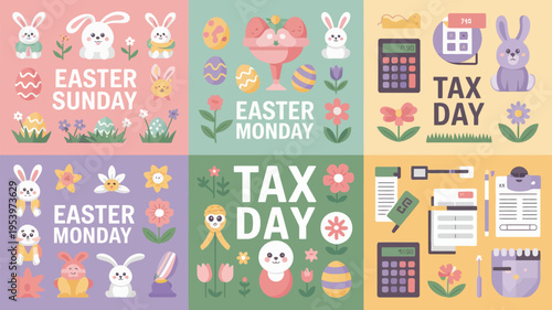 Colorful easter and tax day themed illustrations with bunnies and eggs