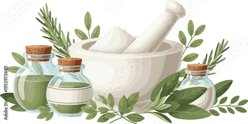 Herbal medicine composition with mortar and pestle, essential oil bottles and fresh green leaves in natural apothecary vector illustration