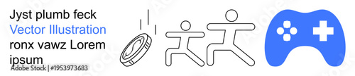 Gaming, entertainment, digital activities, motion dynamics, fun, and competitions. Two outlined figures running, flying coin and a blue gaming controller. Gaming and entertainment focused imagery