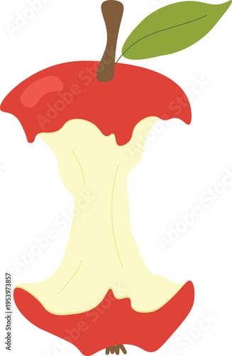 Apple сore сartoon vector on the transparent background –eaten red apple with leaf flat illustration