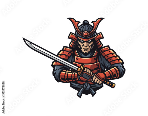 Samurai warrior illustration in traditional armor holding sword