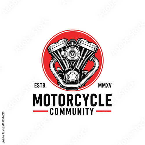 Classic V-twin motorcycle engine graphic emblem, ideal for vehicle enthusiast clubs and community designs.