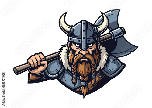 Viking warrior holding battle axe against black background