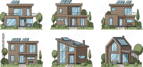 Modern eco friendly houses collection with solar panels, sustainable architecture, green energy concept and contemporary residential vector illustration set