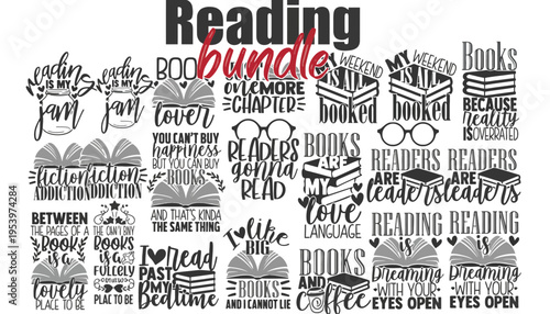 A reading bundle graphic illustration with various book related quotes and phrases
