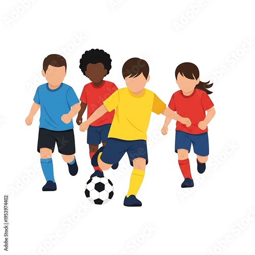 Enthusiastic children playing soccer together, promoting teamwork and physical activity.