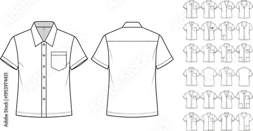Technical fashion sketch of short sleeve button down shirt with pocket front and back views including multiple collar variations for apparel design manufacturing.