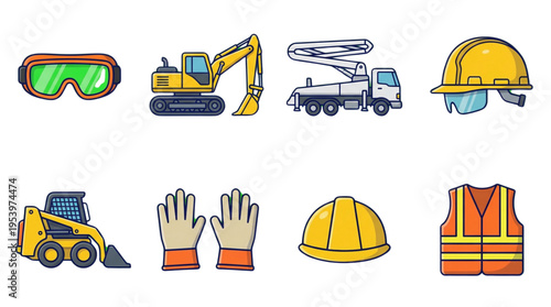 Worksite Safety Equipment and Heavy Duty Construction Vehicle Flat Icons Collection