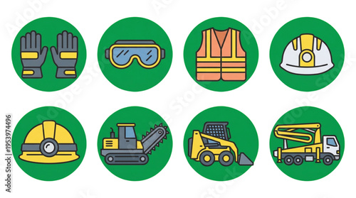 Essential Construction Safety Gear and Heavy Equipment Vector Icons Collection