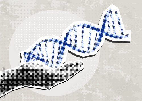 Trendy Halftone Collage with hand holding DNA. For mixed media design vintage dotted pop art style grunge punk template. vector illustration	