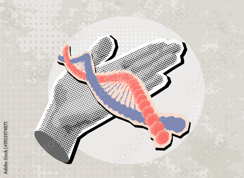 Trendy Halftone Collage with hand holding DNA. For mixed media design vintage dotted pop art style grunge punk template. vector illustration	