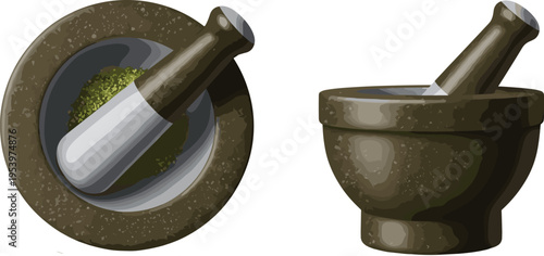 Stone mortar and pestle vector illustration with herbal grinding bowl realistic kitchen tool and traditional apothecary equipment