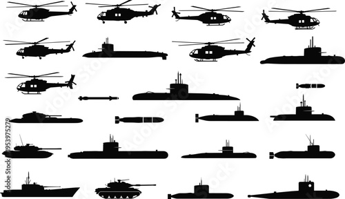 Military vehicles and weapons silhouettes collection with helicopters, submarines, tanks, missiles and warships, army defense equipment set for military, navy and warfare concept design