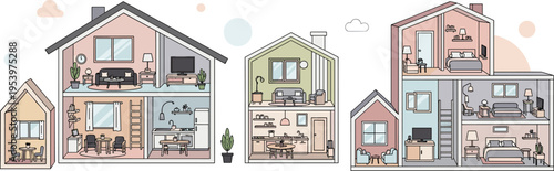 Modern house cross section vector illustration with interior rooms furniture layout and cozy home living concept design