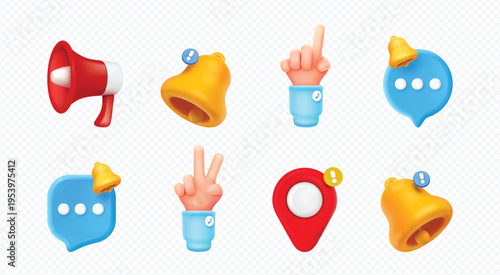 Engaging 3D communication and notification icons set for digital engagement, social alerts, and online interaction growth for modern apps