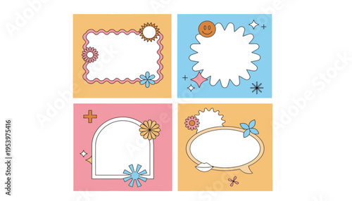 A set of colorful blank speech bubbles with floral designs and grid patterns