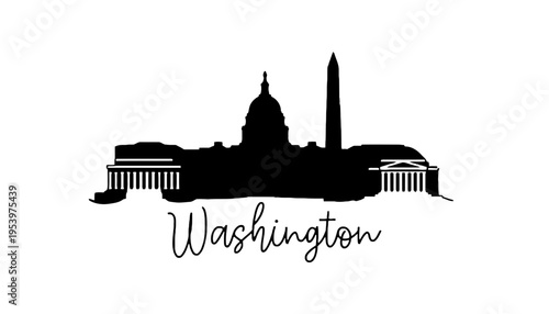 Washington silhouette illustration of iconic buildings and monuments in black