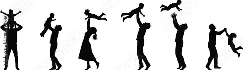 Parents playing with children silhouettes collection showing father and mother lifting, throwing and holding kids, happy family bonding moments isolated black vector illustration set