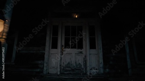 Eerie desolate abandoned Victorian mansion facade looms darkly under a dreary twilight sky creating suspense