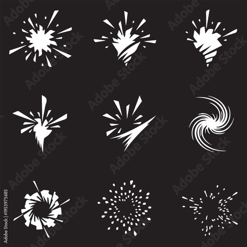 Set of White Sharp Explosion and Jagged Burst Icons on Black Background