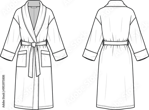 Technical fashion sketch of a unisex bathrobe with front and back views featuring shawl collar tie belt and patch pockets for apparel design templates.