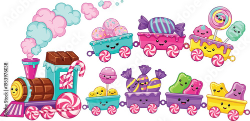Cute candy train vector illustration with sweets characters lollipop chocolate marshmallow and colorful kawaii dessert transport design
