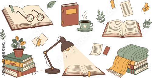 Cozy reading scene with books, cup of tea, lamp and glasses, warm study atmosphere with plants and notes vector illustration set