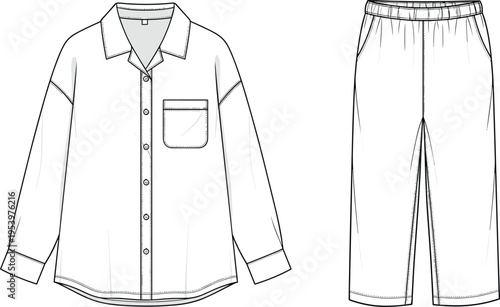 Technical flat sketch of women pajama set featuring long sleeve oversized button down shirt with front pocket and elastic waist long trousers, sleepwear apparel vector illustration for fashion design.