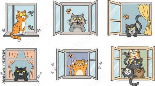 Cute cartoon cats looking through open windows with butterflies, curtains and playful expressions, cozy home scenes colorful vector illustration collection