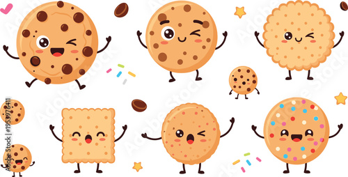 Cute cartoon cookies characters with chocolate chips, sprinkles and smiling faces, funny sweet biscuit mascots colorful vector illustration set