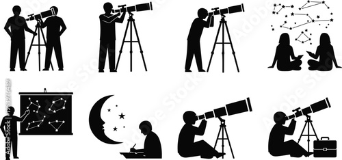 Astronomy and Stargazing Silhouette Set Featuring People Using Telescopes Observing Constellations Night Sky Stars Moon And Educational Space Science Lesson Illustration