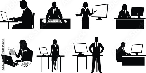 Business professionals silhouettes working at desks with computers having presentations and handling documents in modern corporate office environment for team productivity