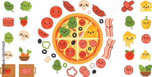 Cute cartoon pizza ingredients and toppings collection with smiling vegetables pepperoni cheese bacon and whole pizza flat vector illustration