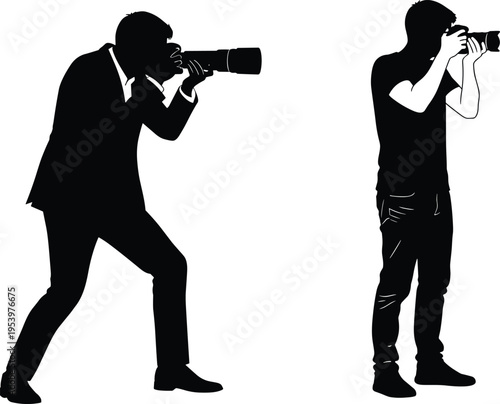 Photographer silhouette set showing professional and casual camera operators taking photos, male photographers with DSLR cameras isolated in black for media, journalism and photography design