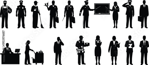 Professional workers silhouette collection showing different occupations including doctor, police officer, teacher, waiter, cleaner, engineer, business people and service staff standing and working