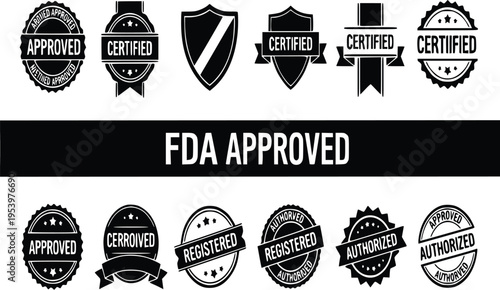 FDA approved badge icons black and white certification seal vector set