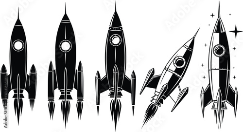 Collection of vintage rocket ship silhouettes and retro spacecraft icons set for space exploration, science fiction projects, startup launch, and creative cosmic designs.