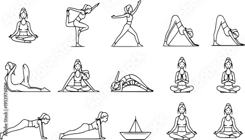 Linear yoga poses icon set woman outline vector fitness and meditation poses