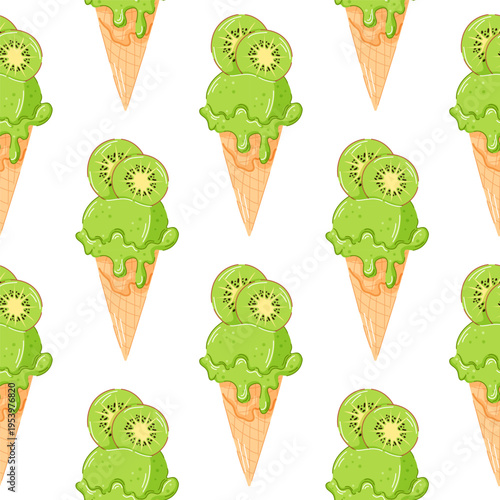 Green kiwi ice cream cone seamless pattern in cartoon. Fruity dessert background design for summer food package and menu cafe design.