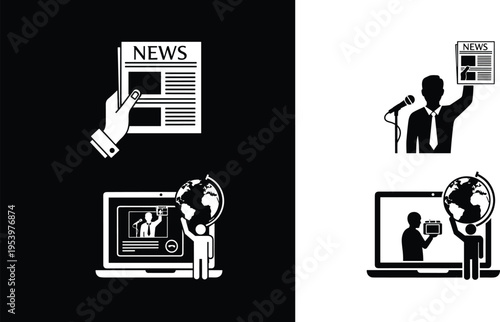 Global news broadcasting concept icons with journalist holding newspaper, reporter speaking at microphone, and digital media coverage on laptop with world globe.