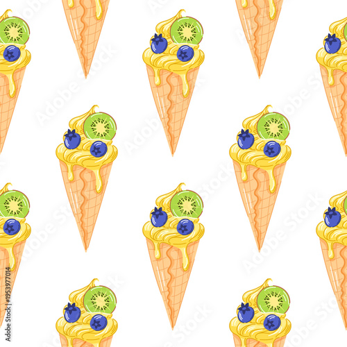 Lemon yellow ice cream cone with kiwi slice and blueberry seamless pattern in cartoon. Refreshing summer design for sweet theme, fruit package and colorful food illustration.