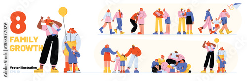 Vibrant flat design illustrations capturing the essence of family growth, connection, and diverse interactions, depicting various life stages and togetherness in modern relationships