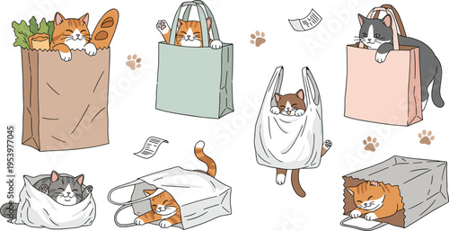 Cute cats hiding and sitting inside shopping bags, playful kittens in paper and plastic bags with funny poses, cartoon vector illustration set