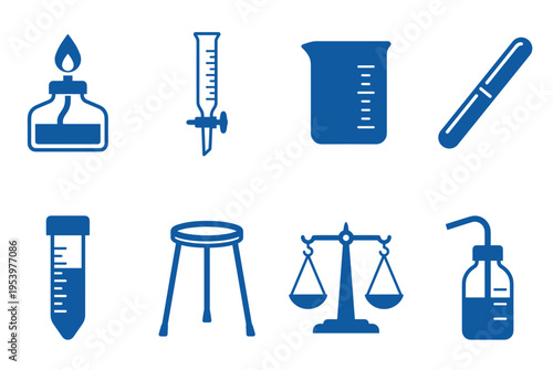 Set of blue silhouette lab equipment icons: alcohol lamp, burette, beaker, test tube, centrifuge tube, tripod, scale, wash bottle, vector illustration on white background